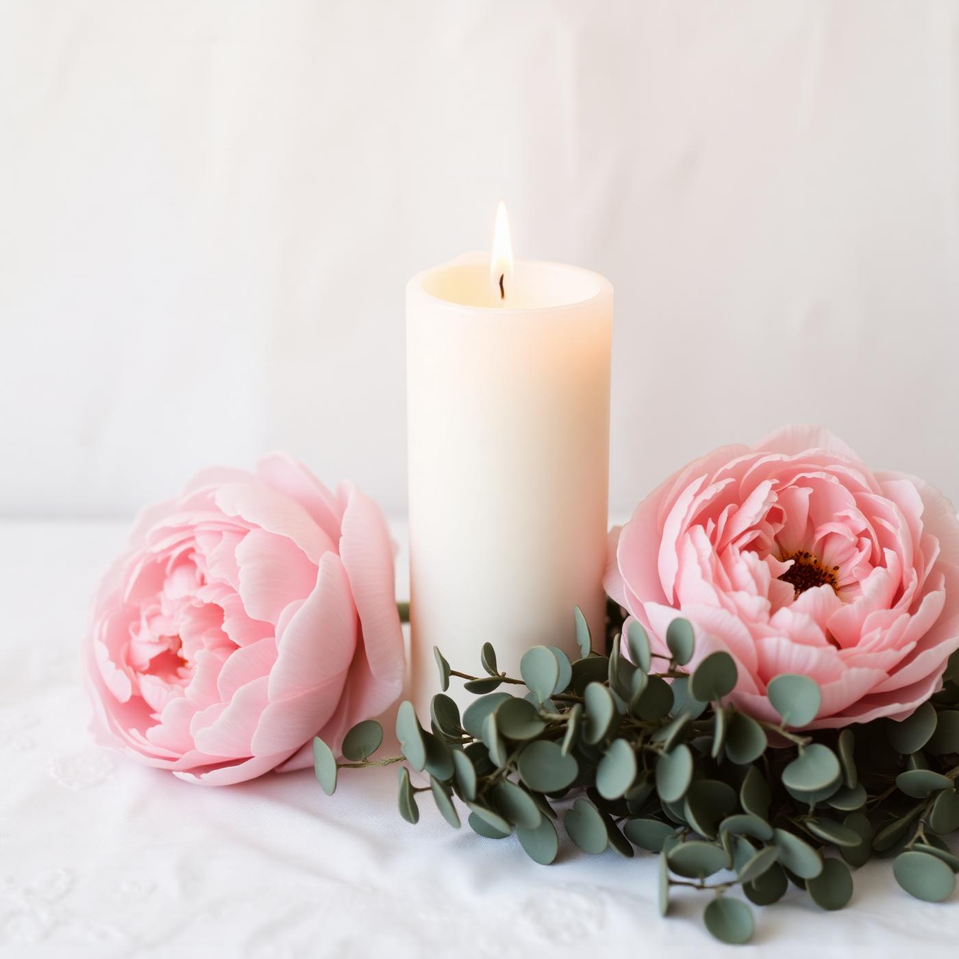 A lit candle beside soft peonies and eucalyptus